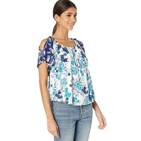 Free People Blue Floral Boho Baja Babe Open Tie Back Cold Shoulder Flowy Top XS - Picture 5 of 9